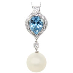 18 Karat Gold Aquamarine South Sea Pearl VS Diamond Necklace Pendant