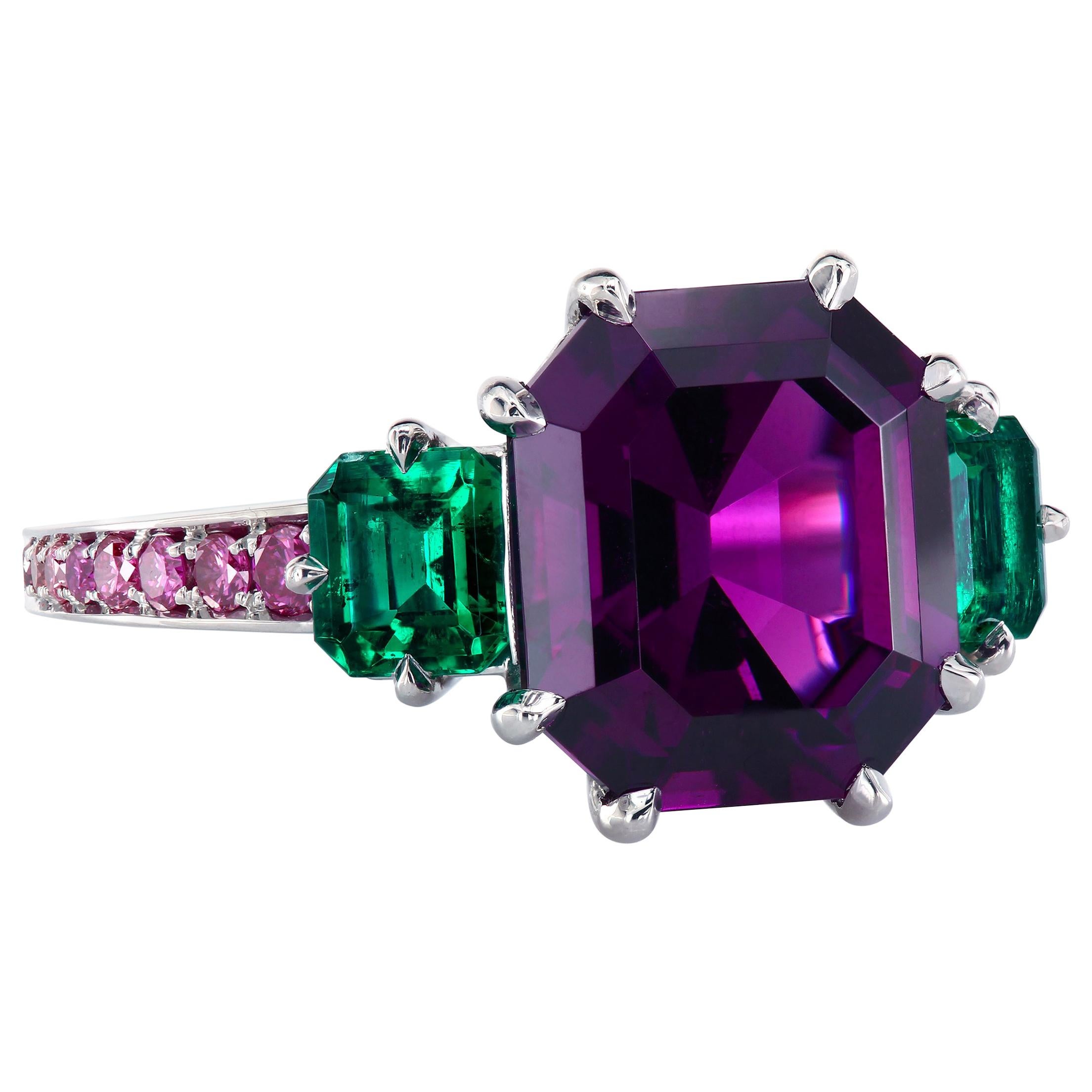  Leon Mege GIA Certified Purple Garnet with Emeralds Platinum Three-Stone Ring