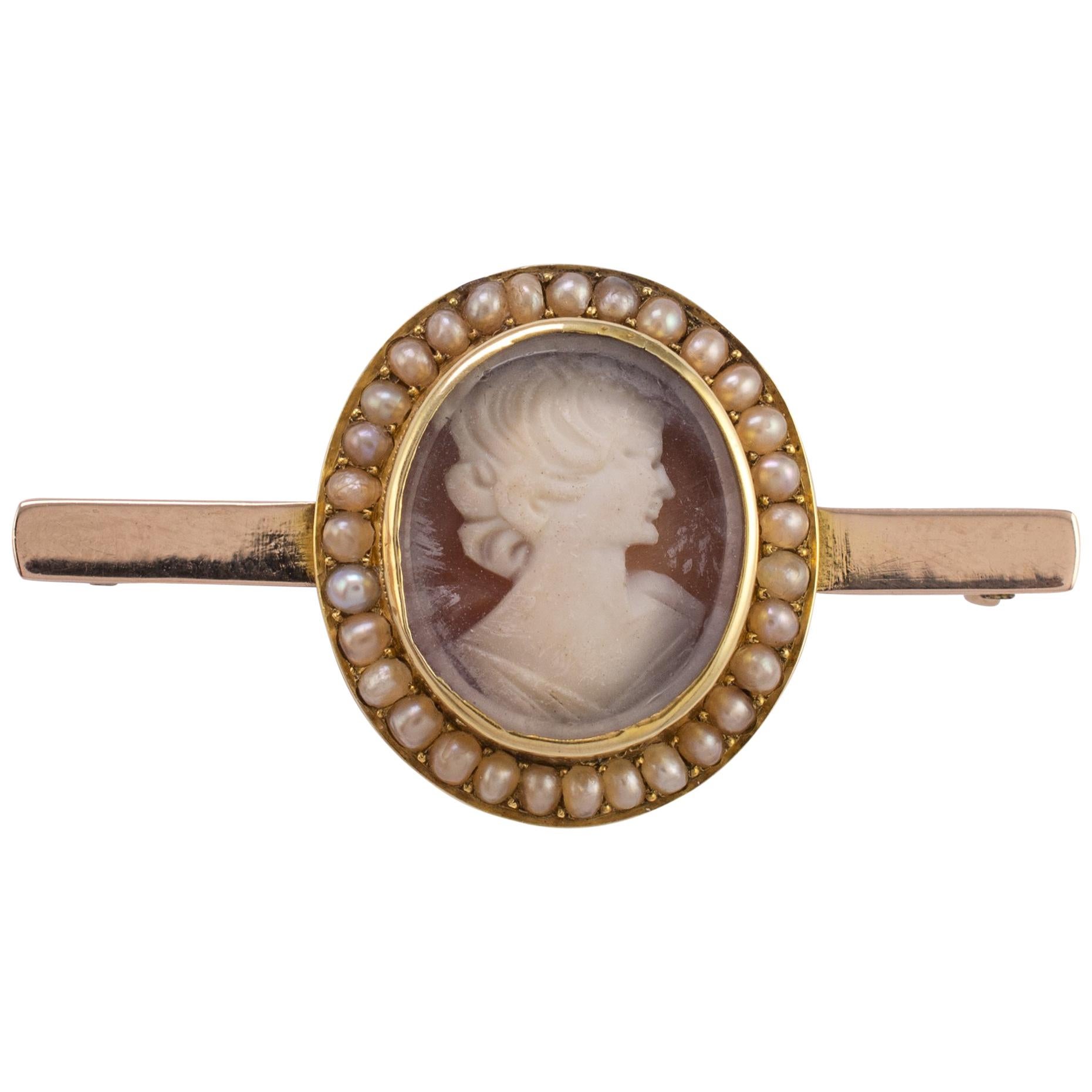 Antique Pearl Cameo Brooch with Glass Front, circa 1900