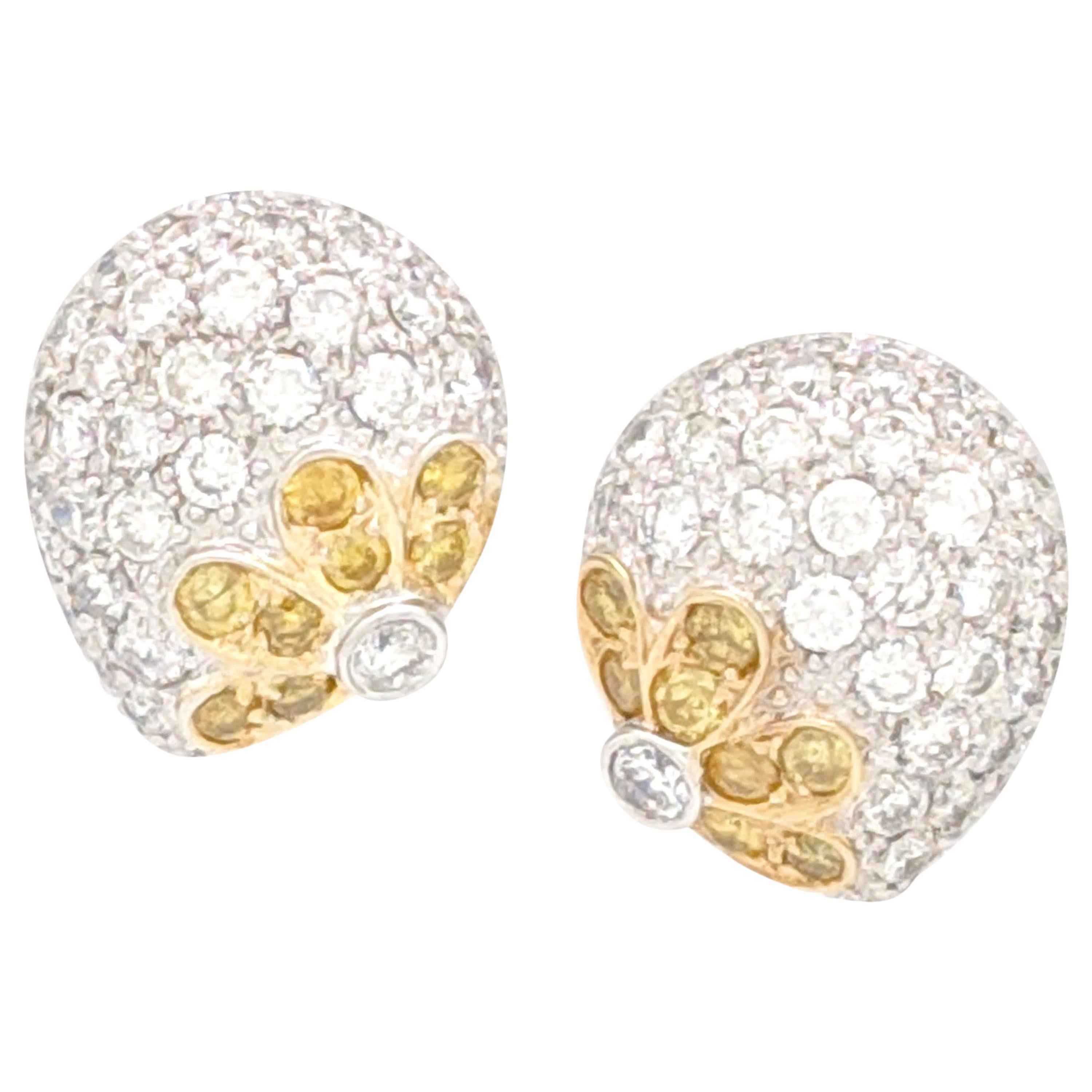 18 Karat White Gold 3 Carat Fancy Yellow and White Diamond Omega Back Earrings For Sale