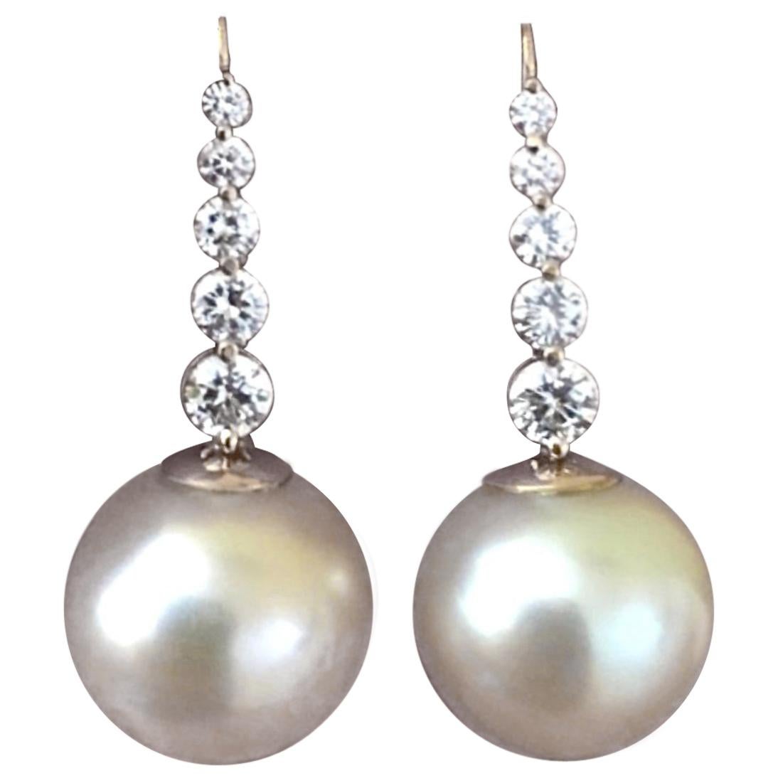 Estate South Sea Pearl Diamond Drop Earrings