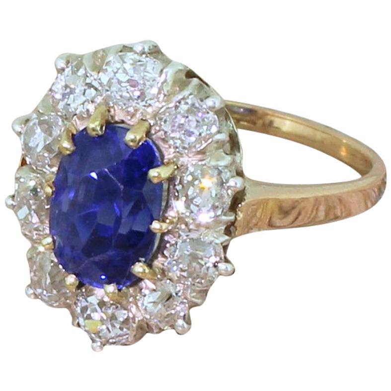 Art Deco 4.00 Carat Natural Ceylon Sapphire and Old Cut Diamond Ring