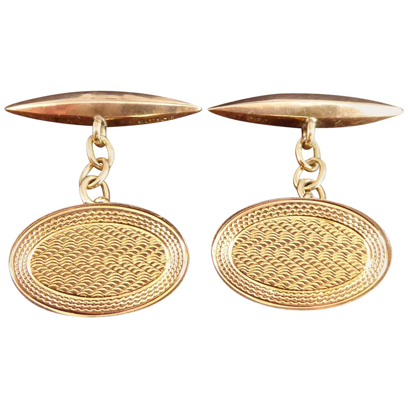 Art Deco Gold Cufflinks, Engine Turned Engraving, Oval Fronts with Torpedo Backs