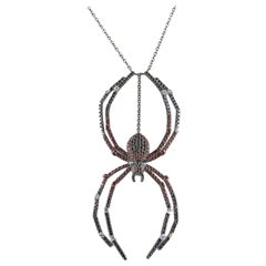 18 Karat White Gold Black Diamond Orange Sapphire Spider Necklace