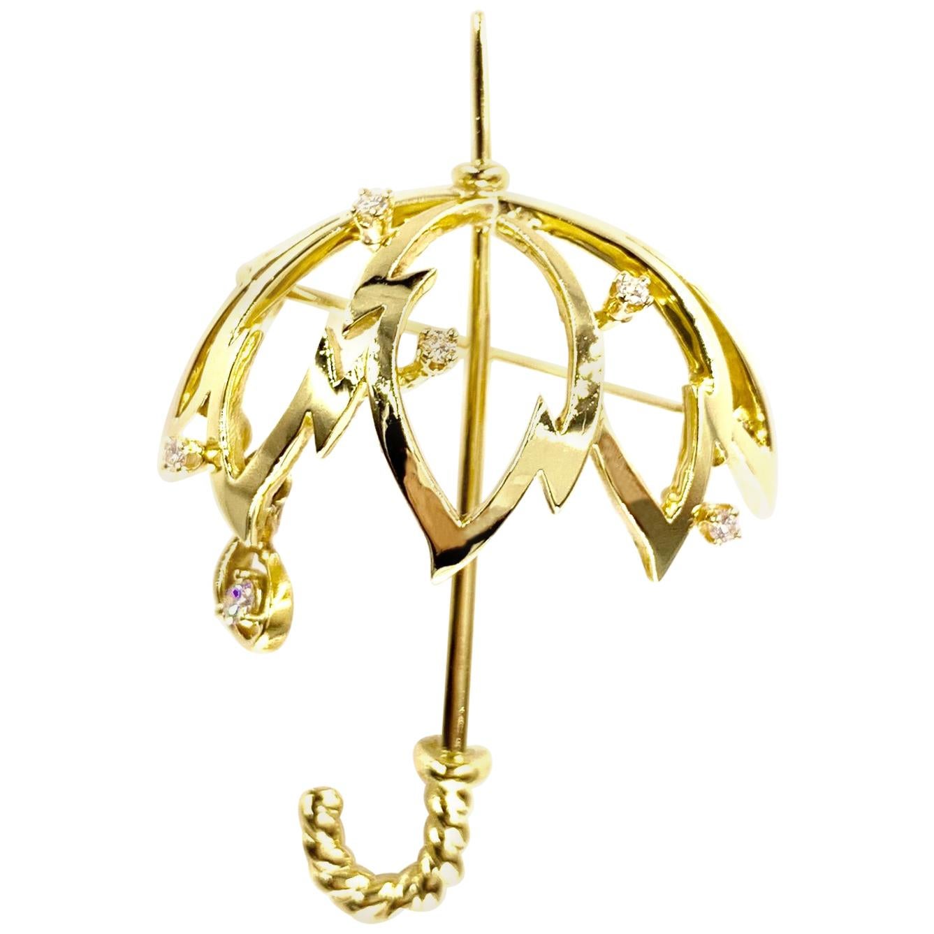 18 Karat Diamond Umbrella Brooch For Sale