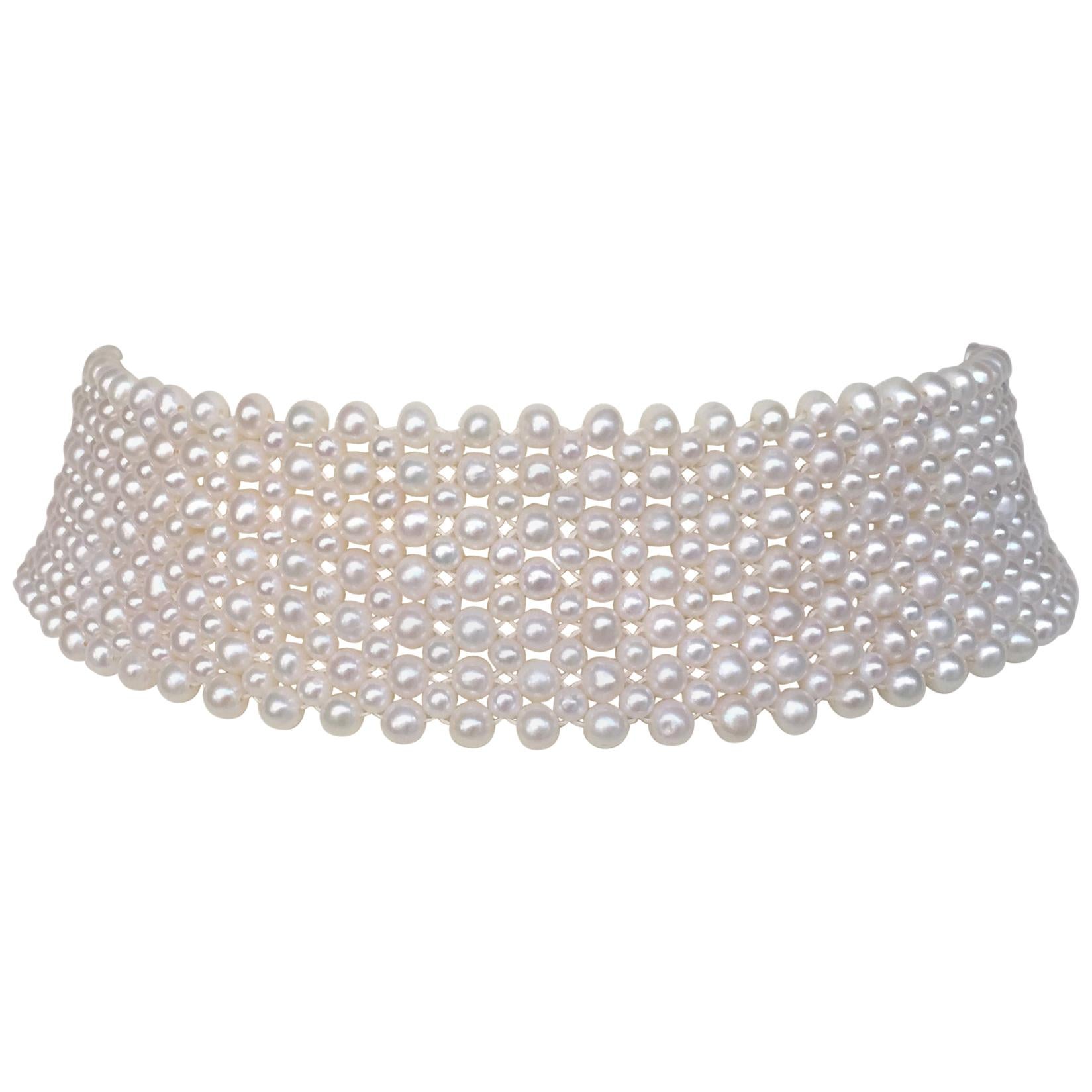 Woven Round White Pearl Wide Choker with Sterling Silver Sliding Clasp