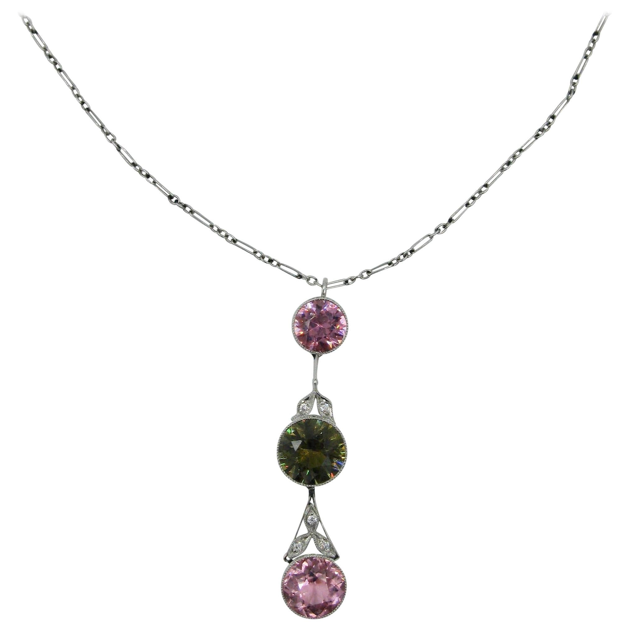 Pink Green Tourmaline Diamond Necklace Platinum Antique Art Deco For Sale