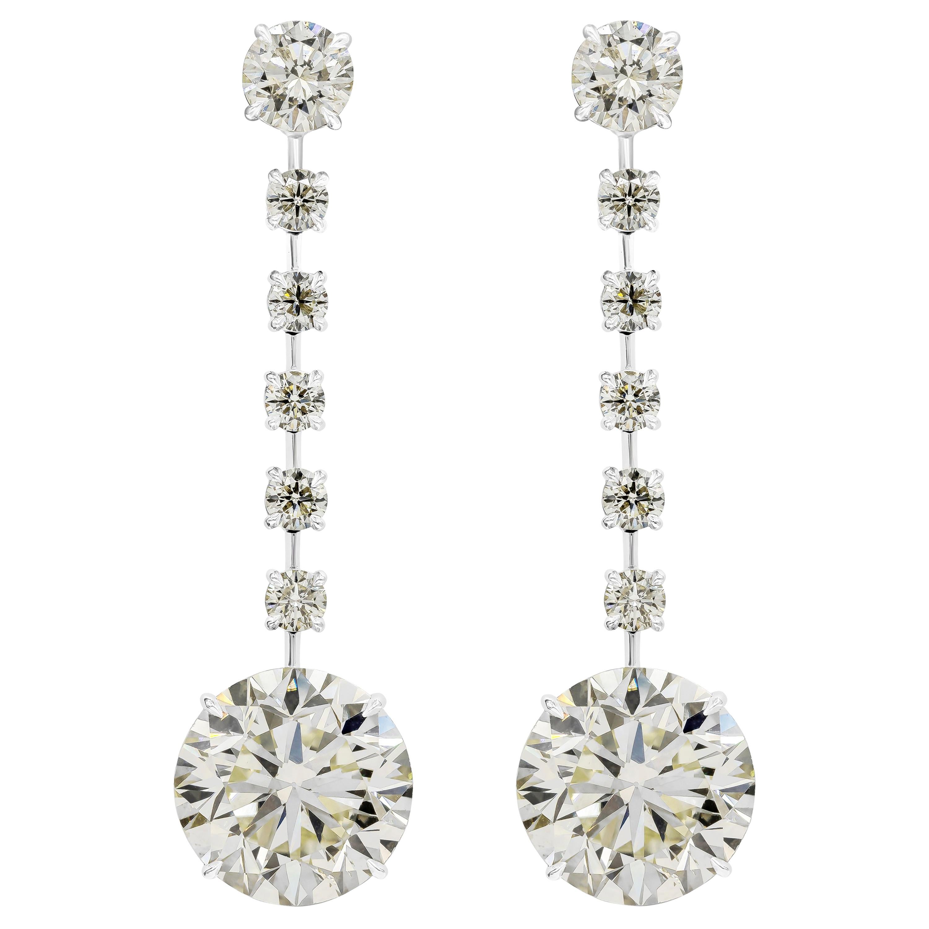 Roman Malakov 21.08 Carats Total Brilliant Round Diamond Dangle Drop Earrings  For Sale