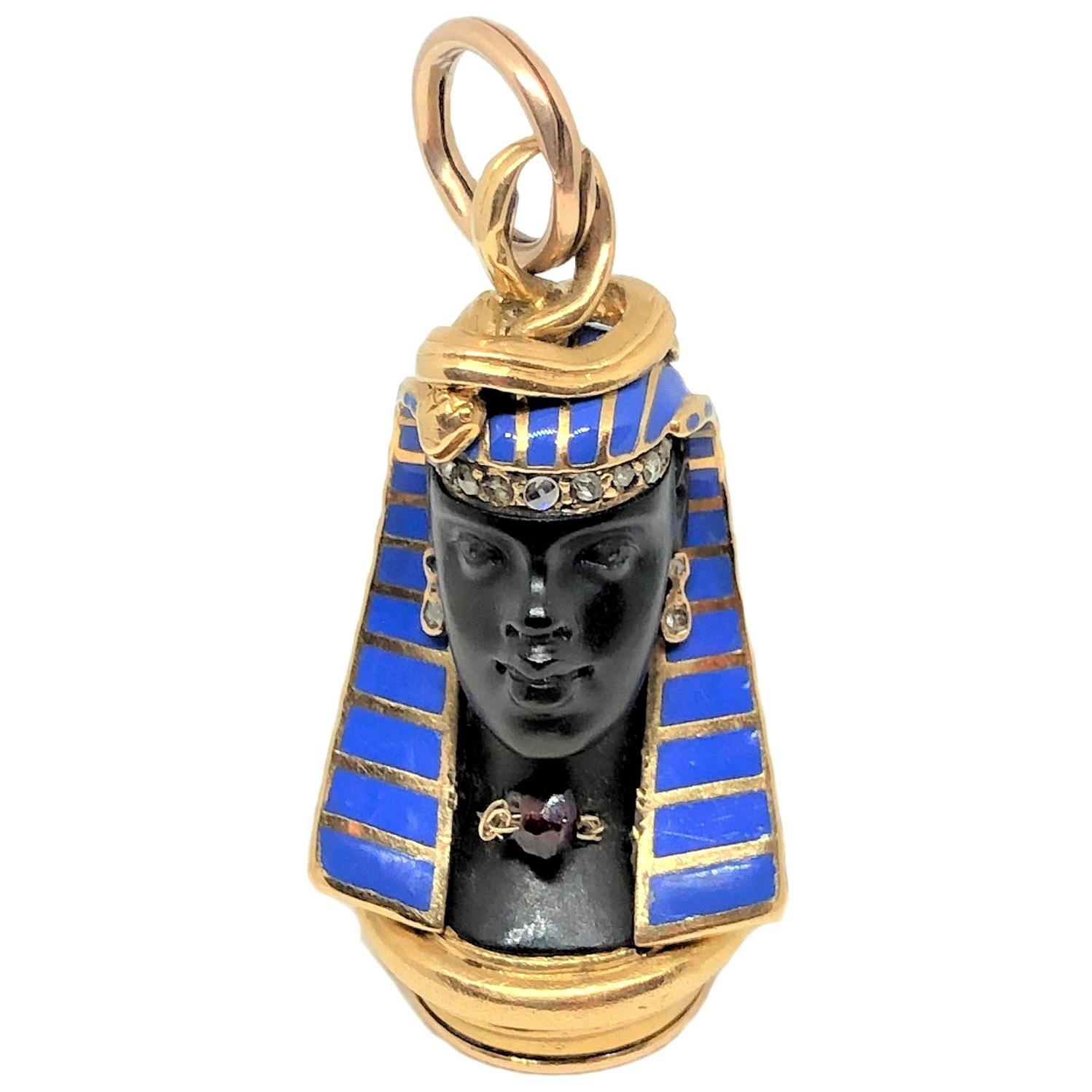 Antique Egyptian Revival Gold Enamel and Gem Set Seal Fob
