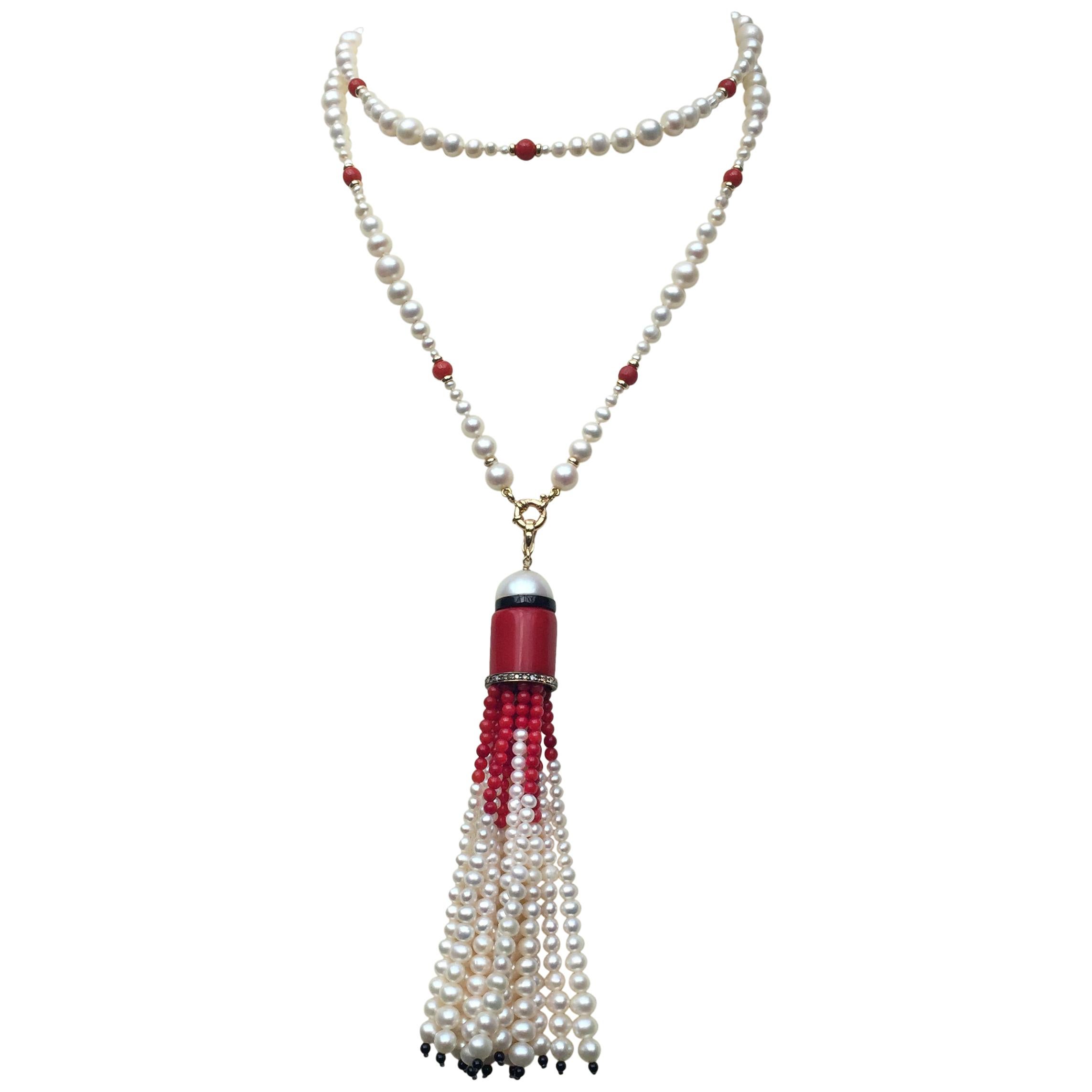Marina J Graduated White Pearl & Red Coral Long Necklace with 14 K Gold Clasp