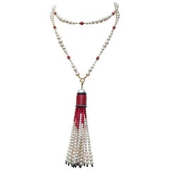 Marina J Graduated White Pearl & Red Coral Long Necklace with 14 K Gold Clasp