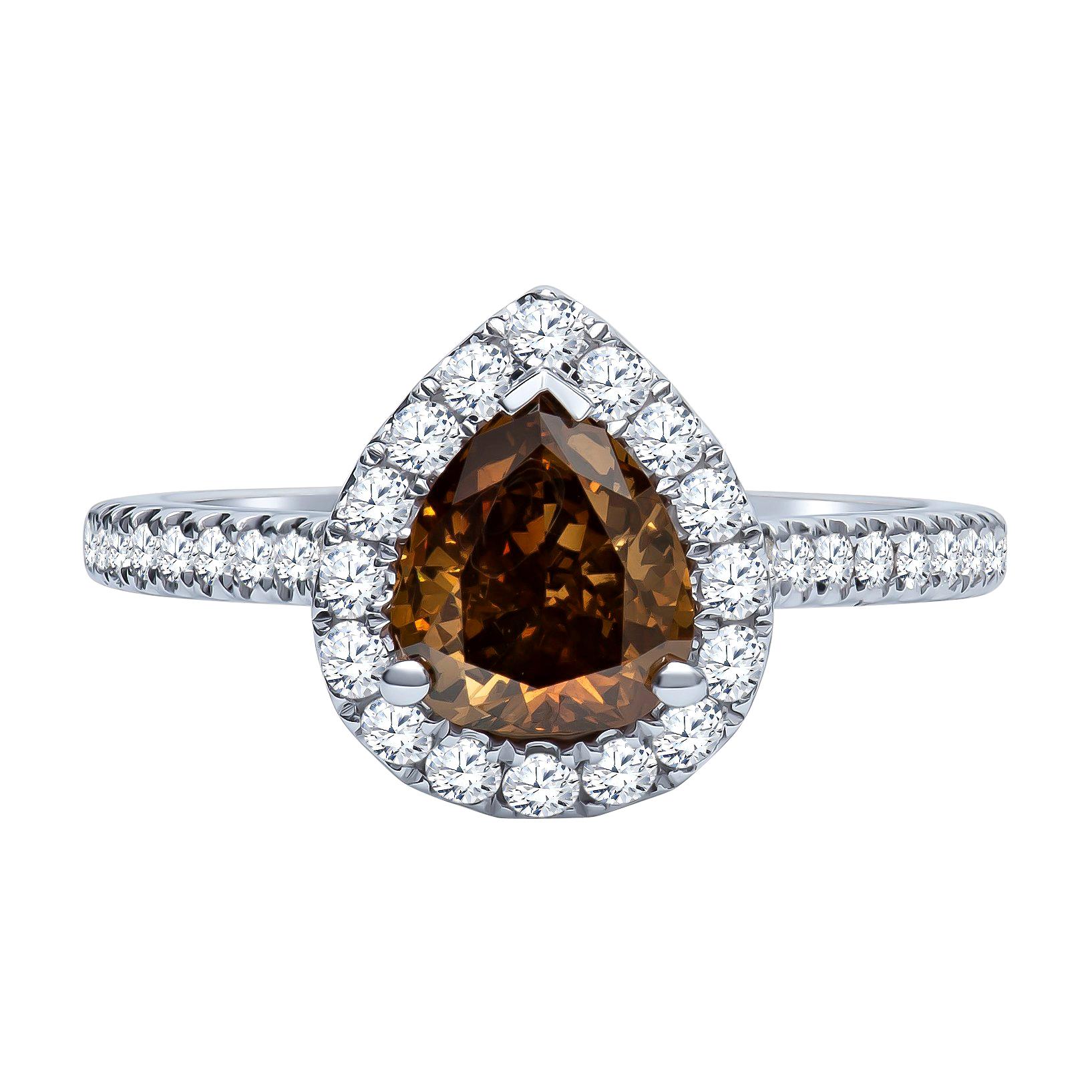 1.21 Carat Pear Shape Fancy Dark Yellow Brown Diamond Halo Engagement Ring For Sale