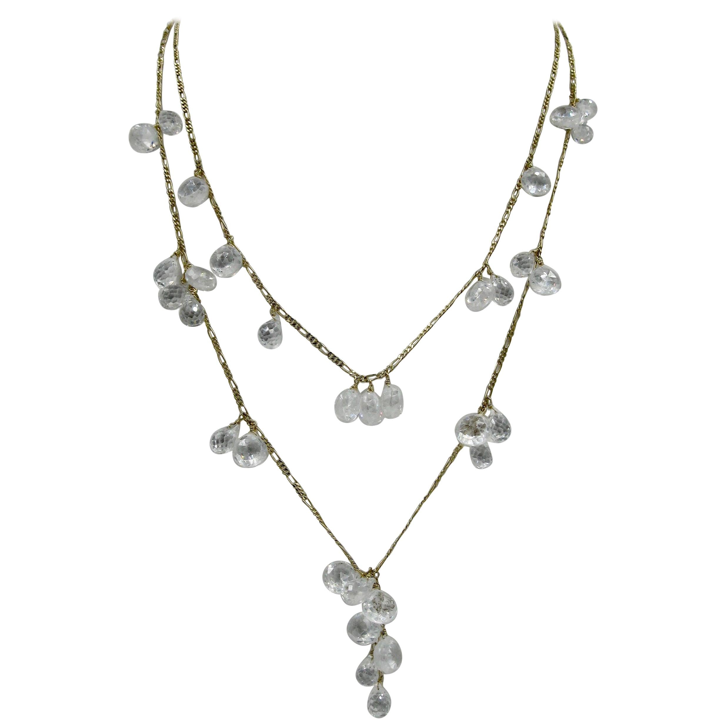 Rock Crystal 14 Karat Gold Necklace by Anzie Briolette Pear Cut Swag