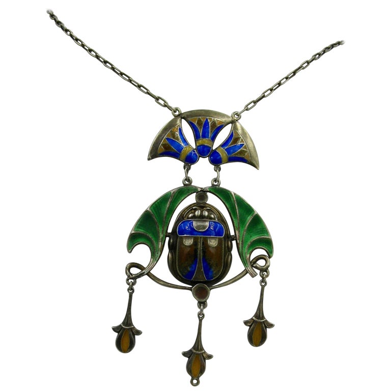 Egyptian Revival Scarab Lotus Necklace Art Deco Sterling Silver Enamel ...