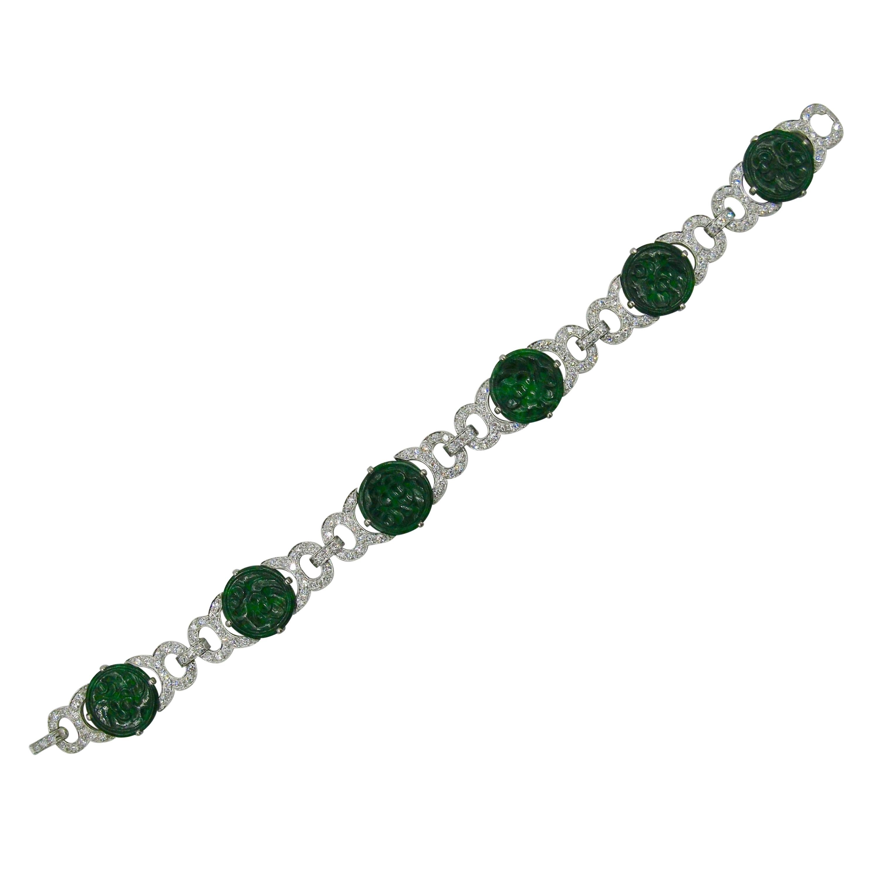 Jade 3.4 Carat Diamond Platinum Bracelet Art Deco Style