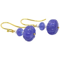 Decadent Jewels Carved Tanzanite Pearl 9 Karat Gold Earrings