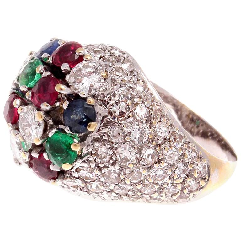 French 1950s Diamond Emerald Ruby Sapphire Tutti Fruti Gold Cocktail Ring
