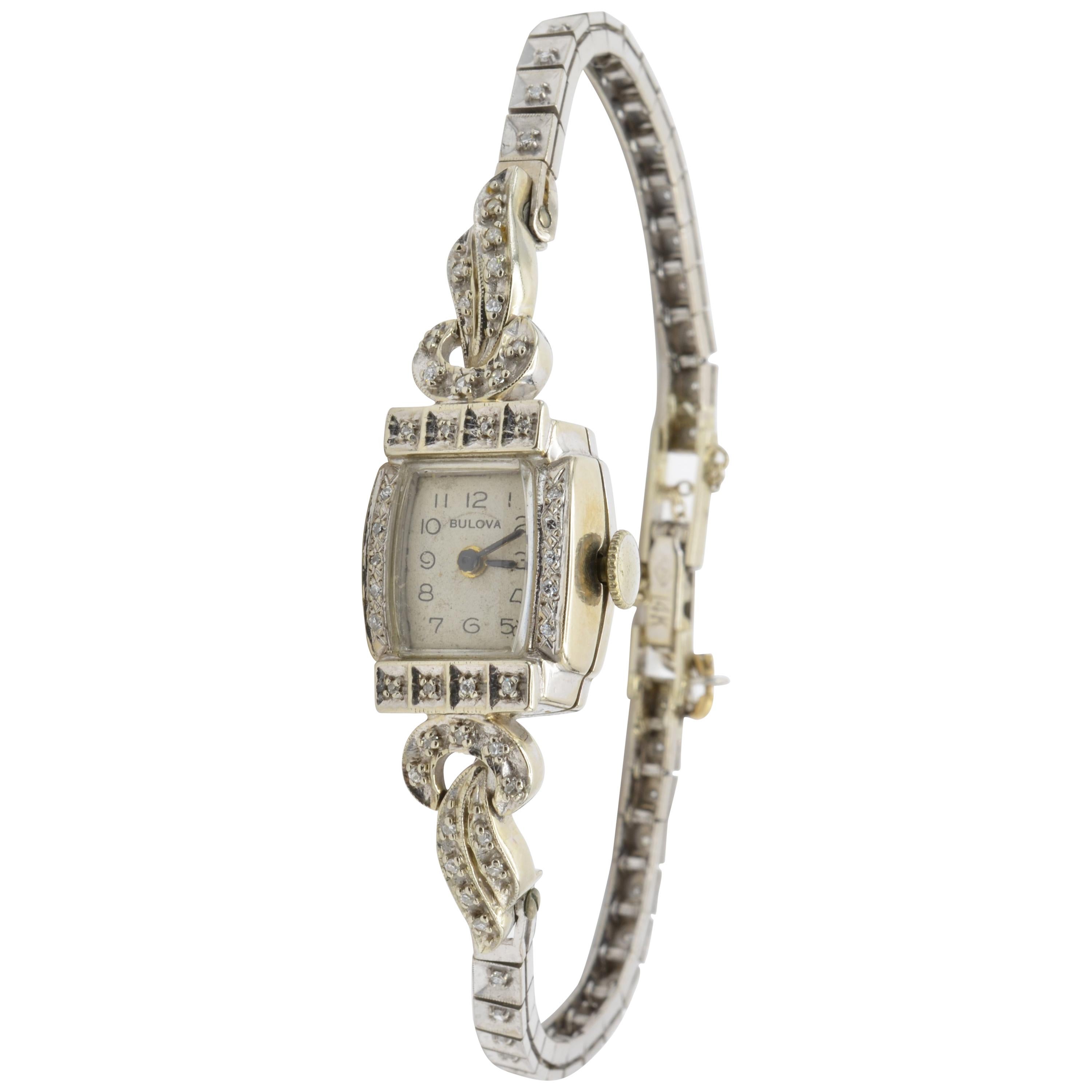 Lady Watch Diamond 14 Karat White Gold Bulova 1950