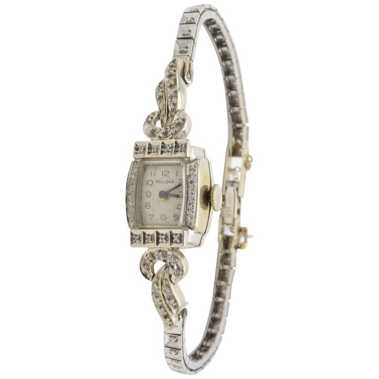 Ladies' Watch in Diamond and 14 Karat White Gold Bulova, 1950s For Sale