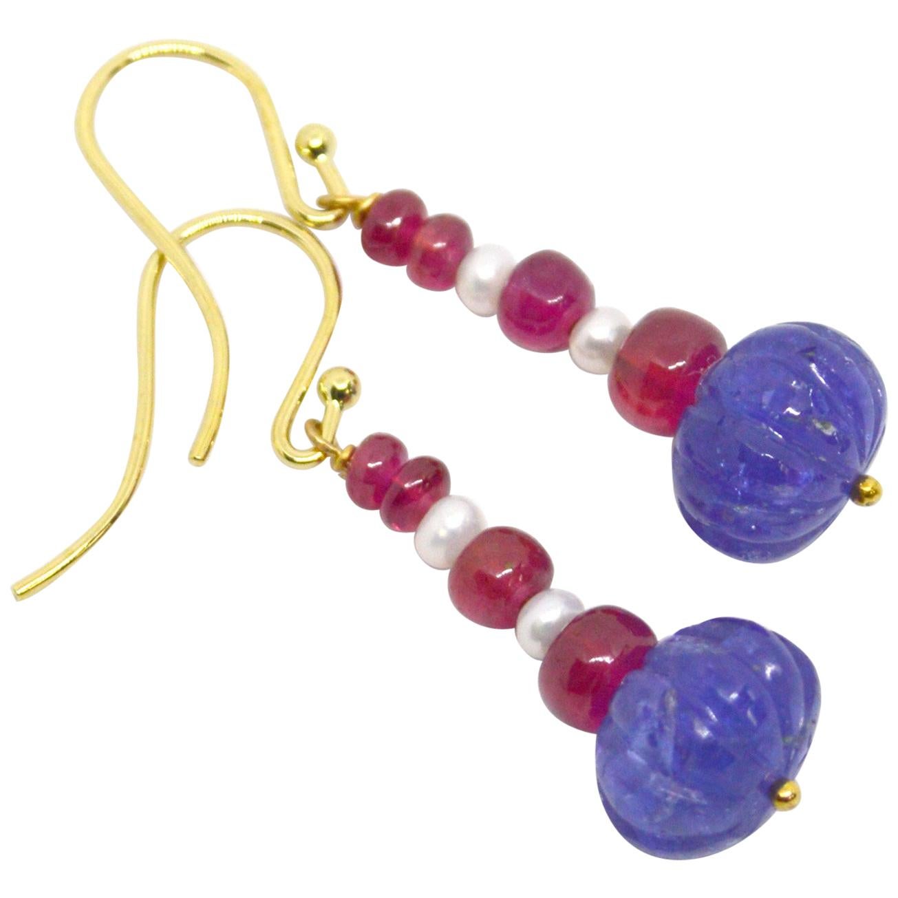 Decadent Jewels Carved Tanzanite Burmese Ruby Pearl 9 Karat Gold Earrings
