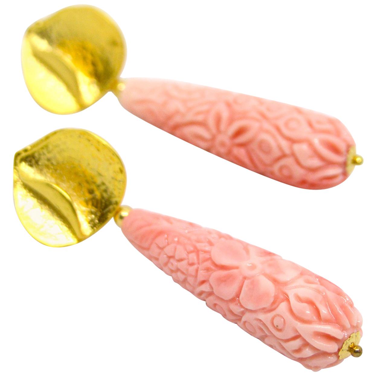 Decadent Jewels Carved Pink Shell Gold Lotus Stud Earrings