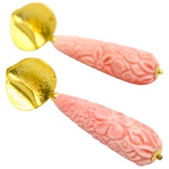 Decadent Jewels Carved Pink Shell Gold Lotus Stud Earrings