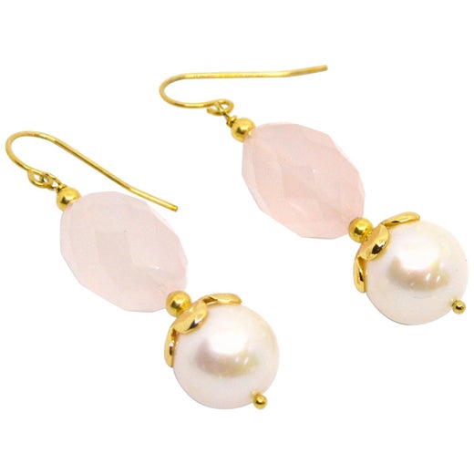 Decadent Jewels Rose Quartz Pearl Gold Earring For Sale at 1stDibs