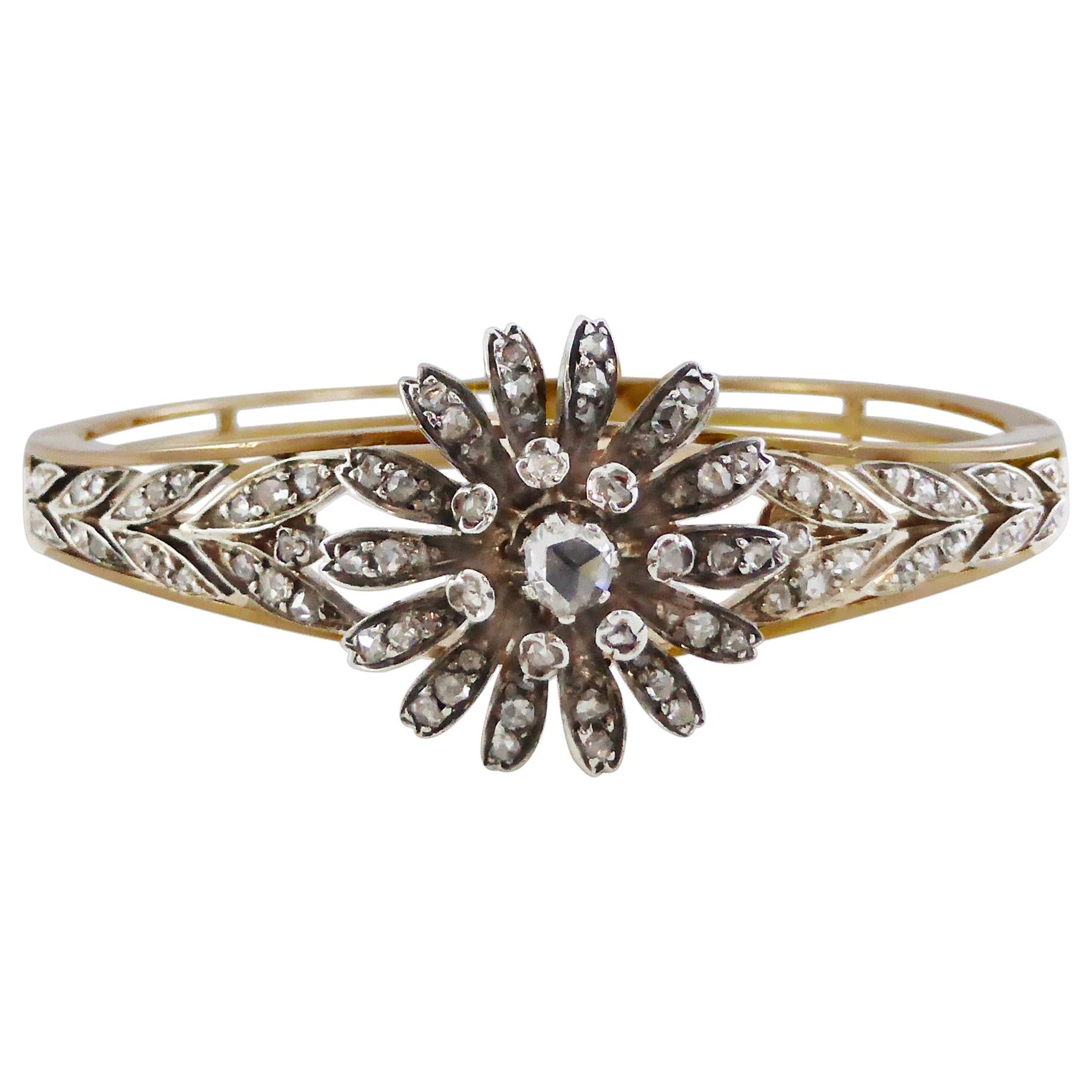 1880s French Rose Cut G-Color VS-SI Diamond Bangle For Sale