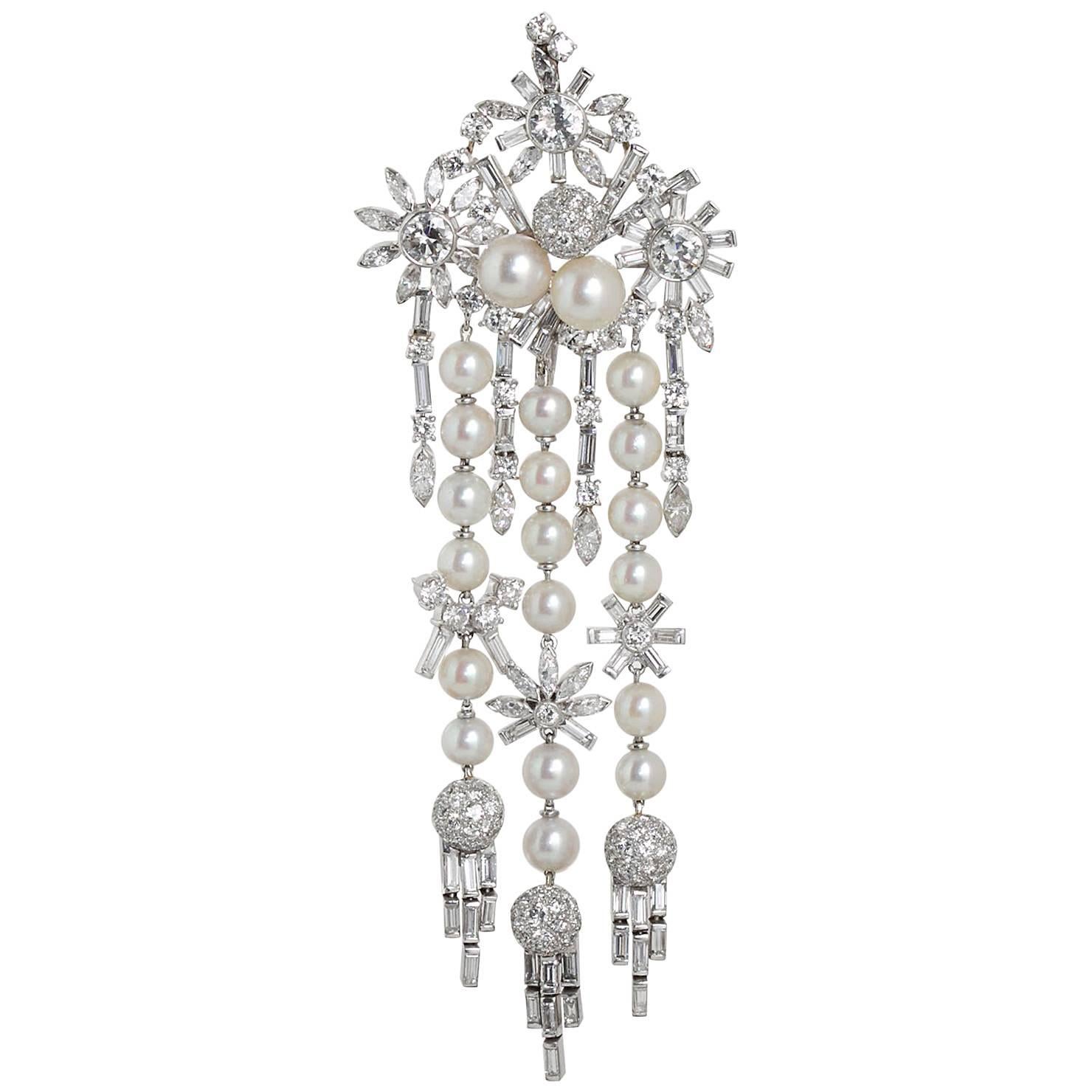 Art Deco Style 1950s Diamond Pearl Lavish Chandelier Pendant 14 Carats