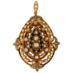Platinum 18 Carat Old-Cut Diamond Natural Pearl French Pendant, circa 1880s
