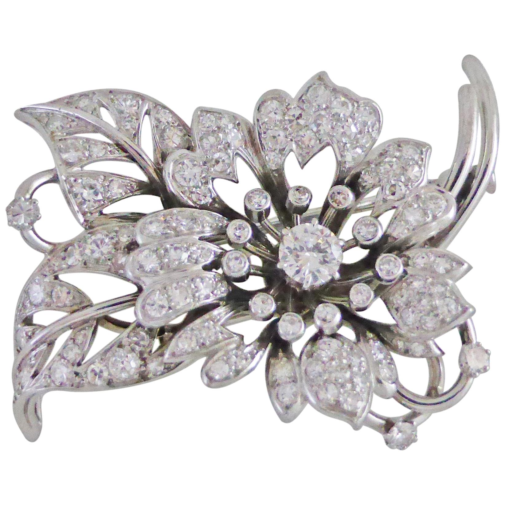 1950s French Platinum Diamond Flower Brooch For Sale