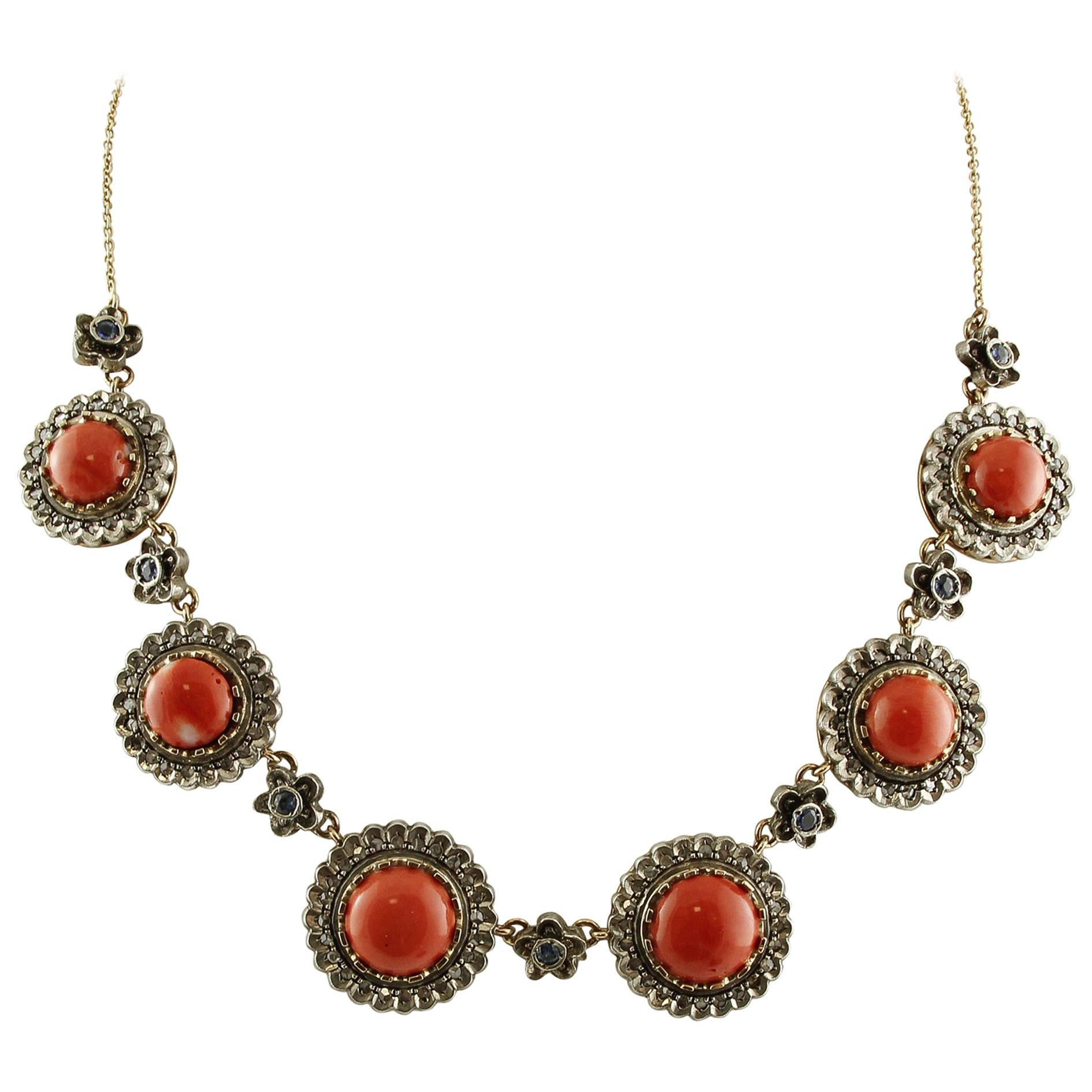 Diamonds, Blue Sapphires, Red Coral Buttons Rose Gold and Silver Link Necklace