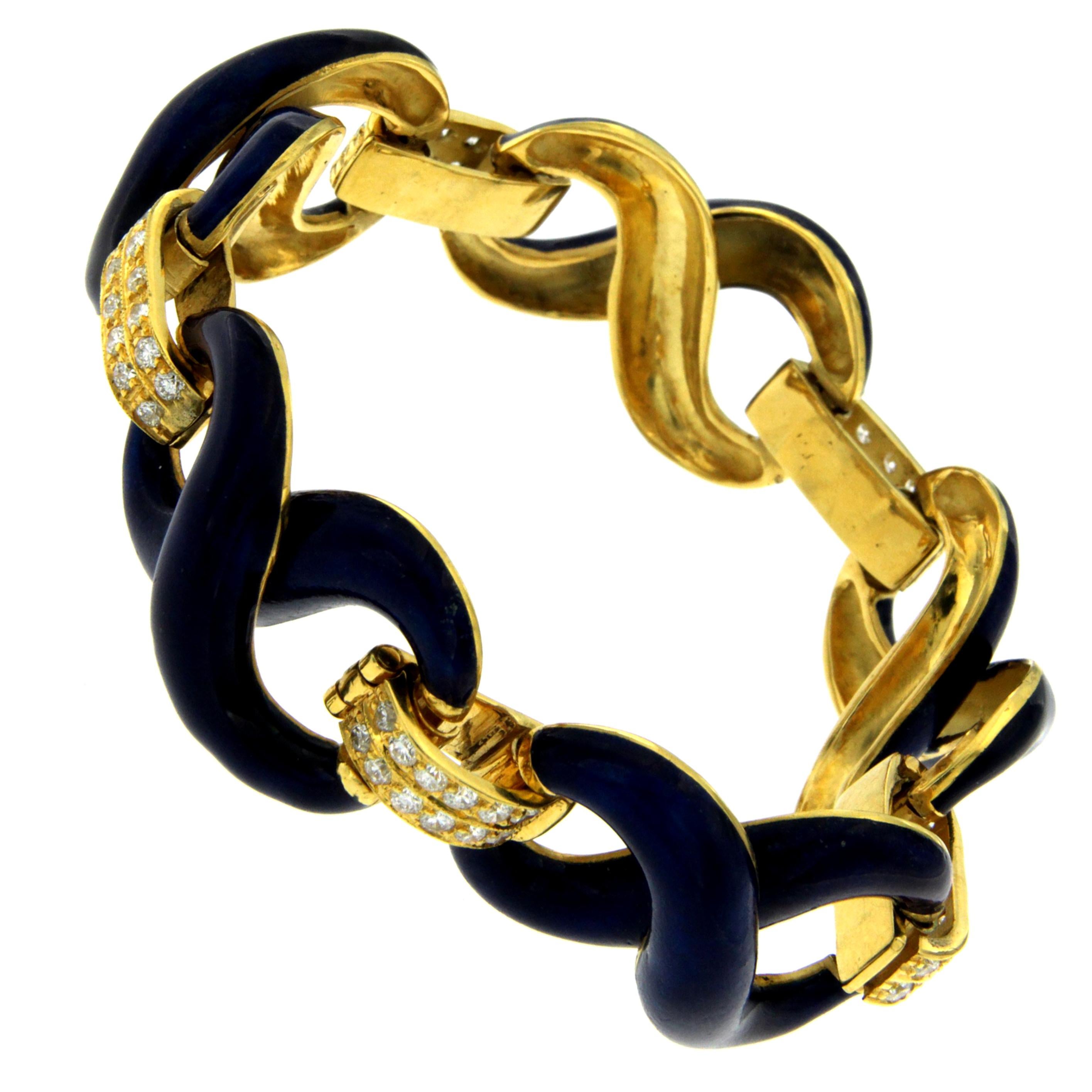 Estate Italian Blue Enamel Diamond Gold Link Bracelet