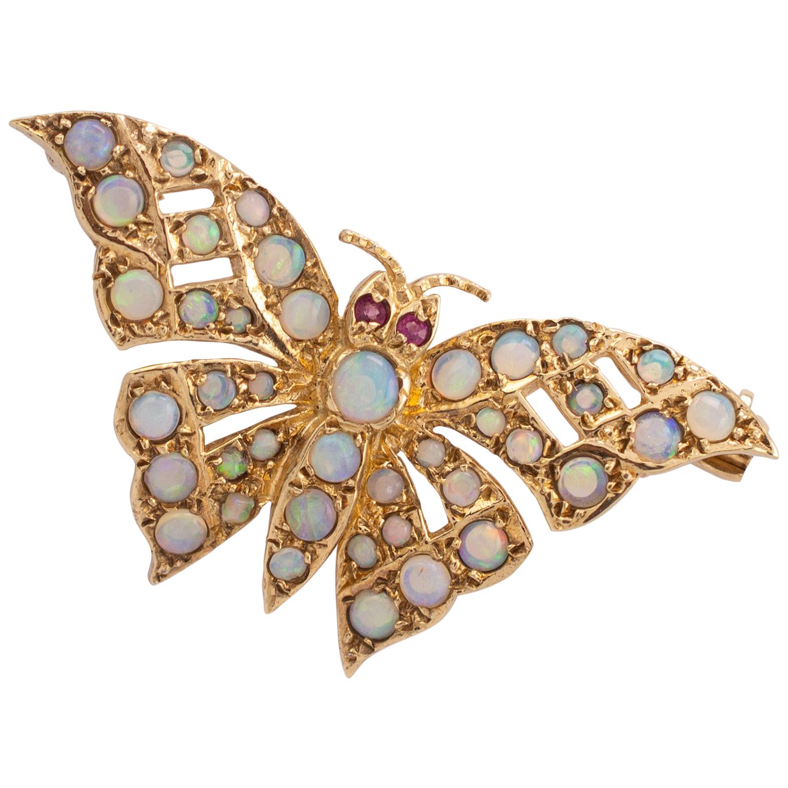Gold Butterfly Brooch With Natural Opals & Rubies Hallmarked London 1985