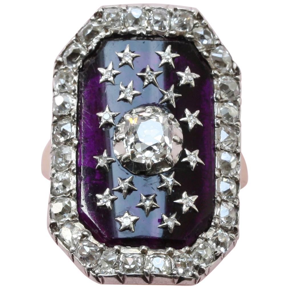 18th Century Bague au Firmament with Diamonds and Purple Glass