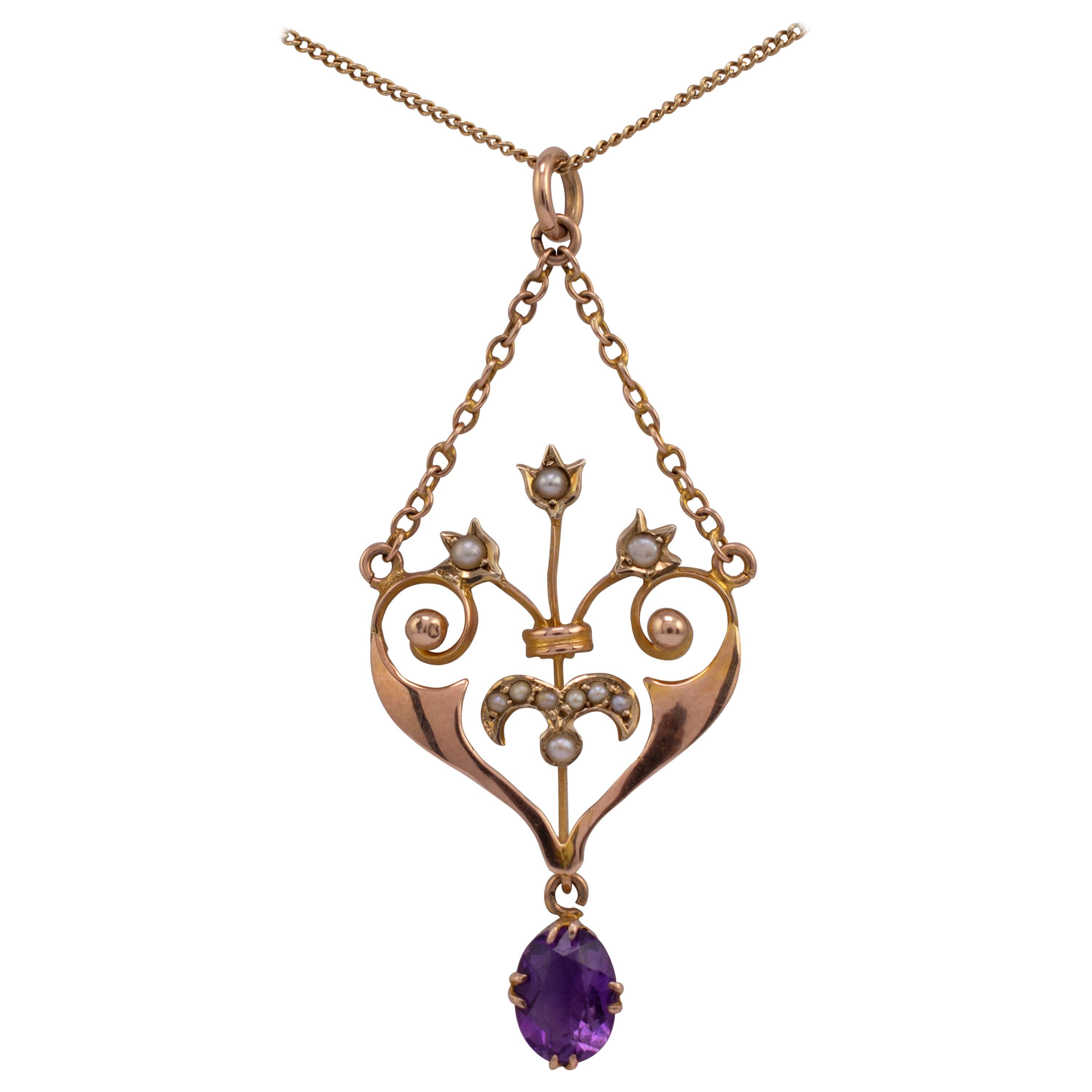 Antique Amethyst & Pearl Heart Shape Gold Pendant Necklace Circa 1900 For Sale