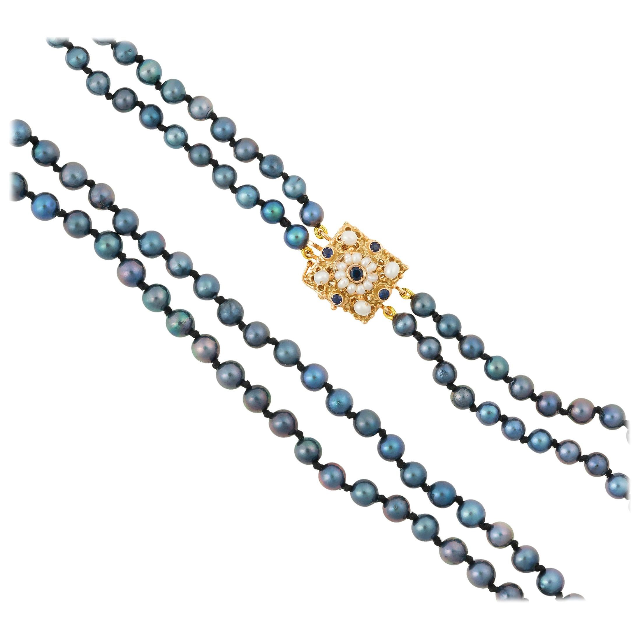 Handcrafted Italian Sapphire & Seed Pearl Clasp Two-Strand Akoya Pearl Necklace For Sale