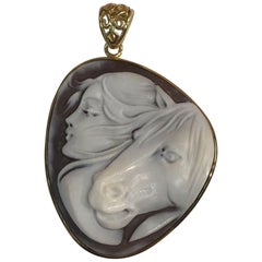 Girl and Horse Shell Cameo Rose Gold Sterling Silver Heirloom Quality Pendant