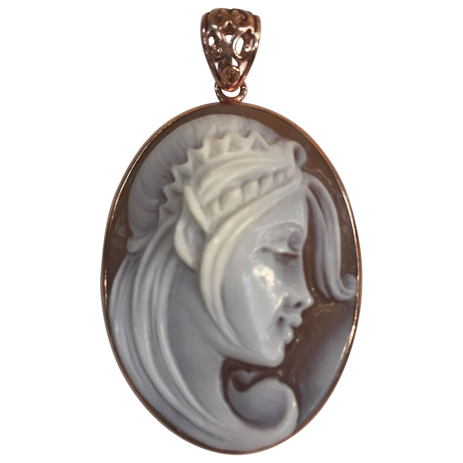 Portrait Hand Carved Cameo Rose Gold Sterling Silver Pendant Estate Fine Jewelry