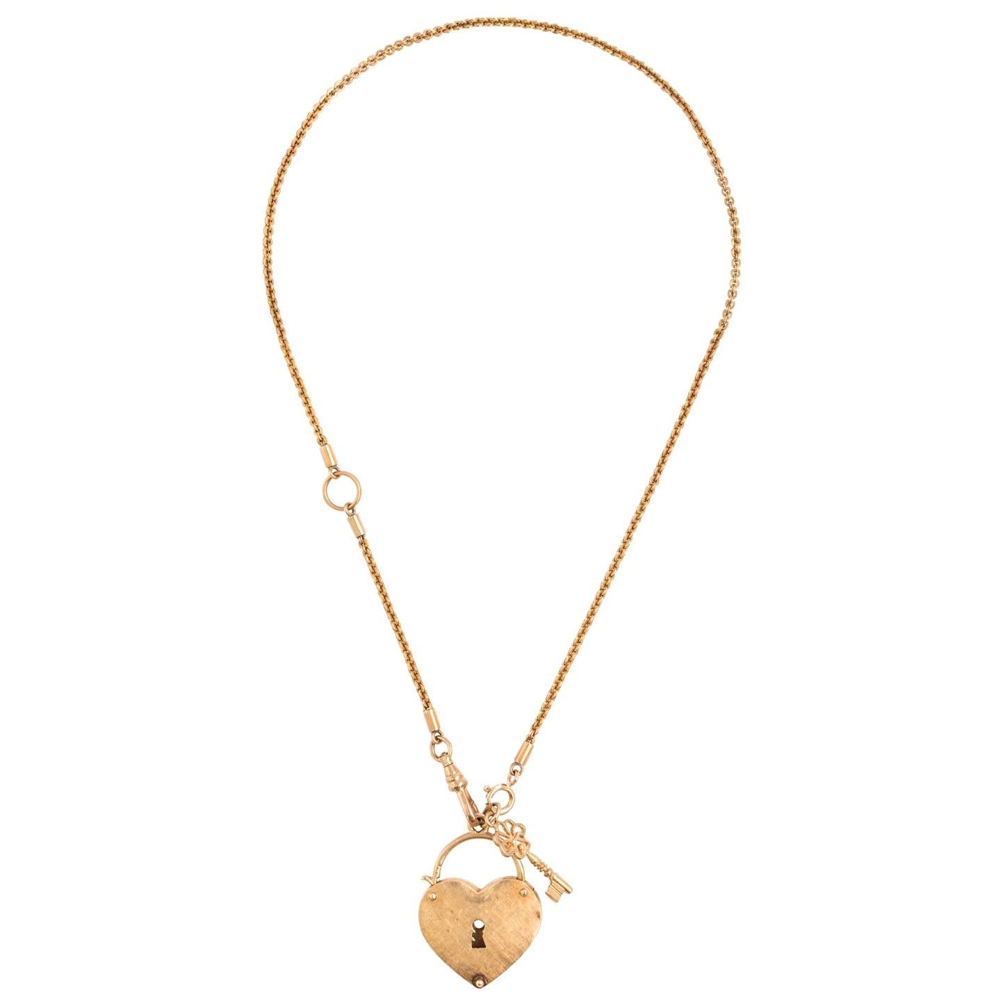 14 Karat Gold Heart with Key Necklace For Sale