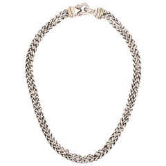 David Yurman Sterling Silver 18k Gold Diamond Double Wheat Chain Buckle Necklace