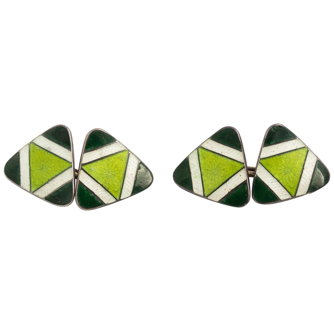 Pair of Green Sterling Silver and Enamel Cufflinks