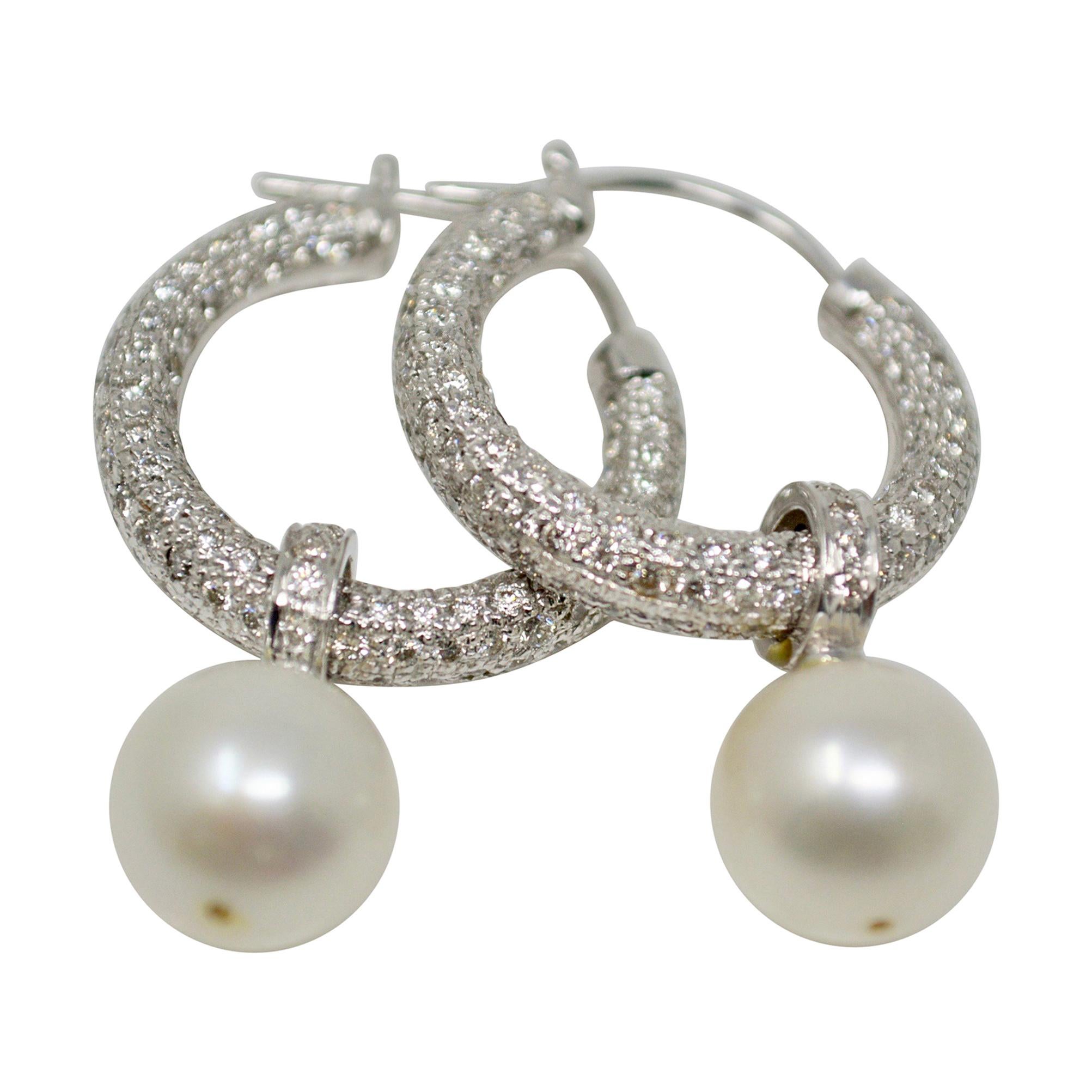 3 Carat White Diamond and South Sea Pearl Detachable Hoop Earrings in 18 Karat