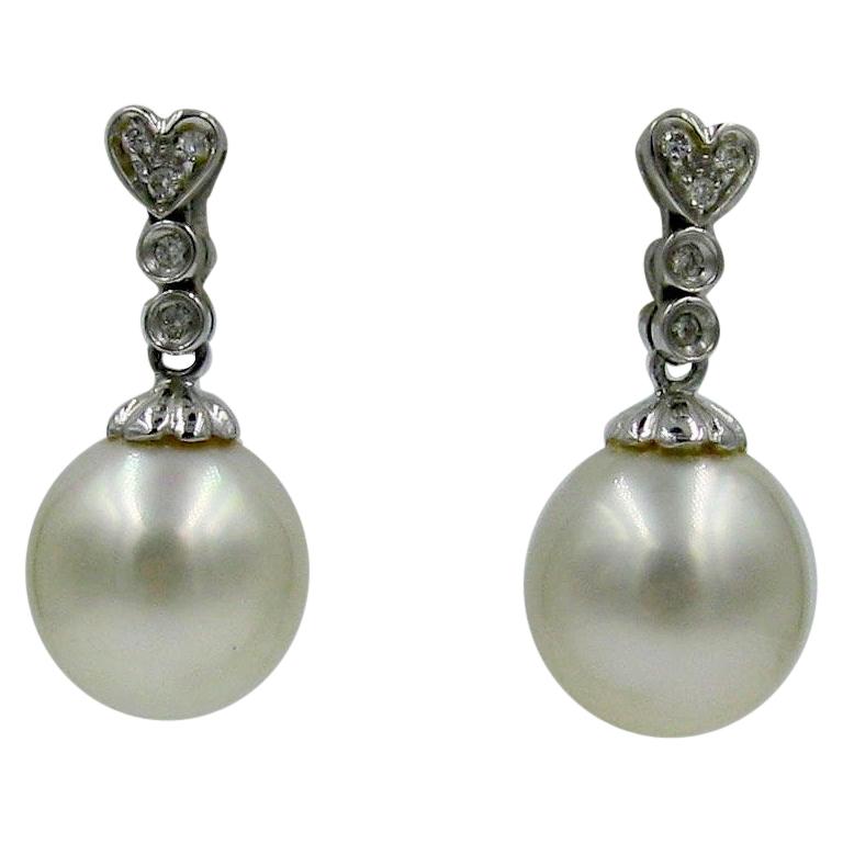 South Sea Pearl Diamond 14 Karat Gold Earrings Heart Motif For Sale