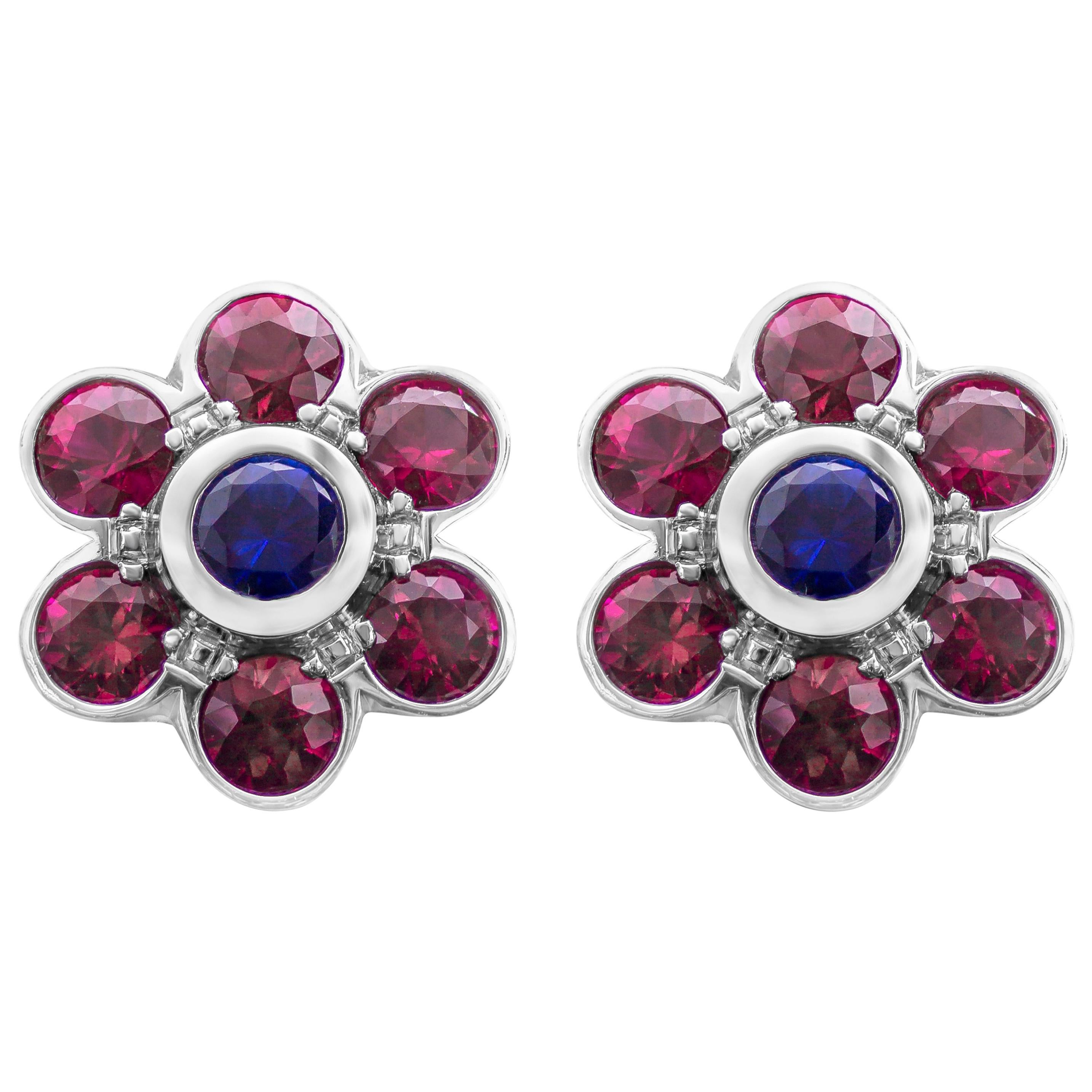 3.07 Carats Total Brilliant Round Cut Ruby and Sapphire Flower Stud Earrings For Sale