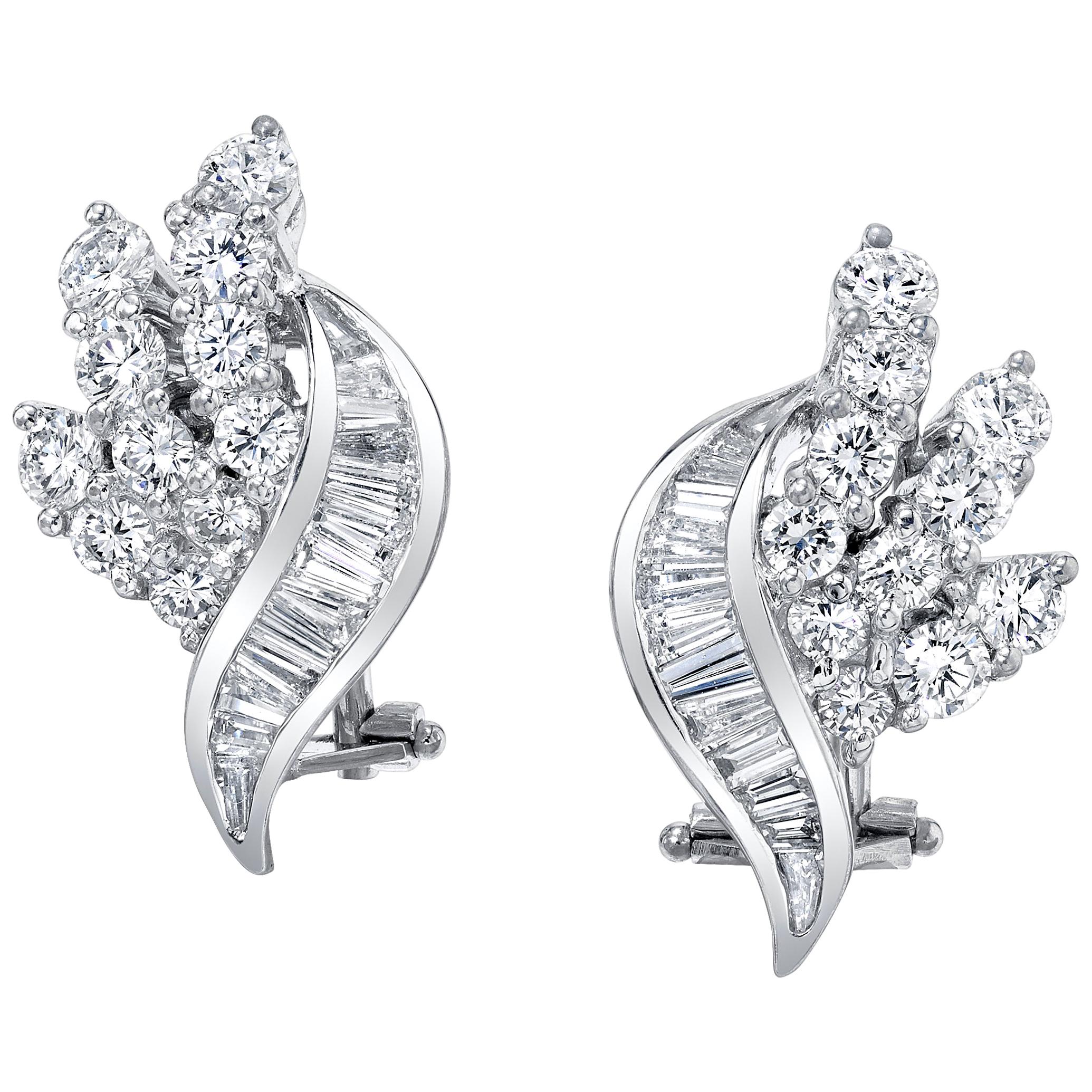 2.68 ct. t.w. Round and Baguette Diamond, 18k White Gold French Clip Earrings