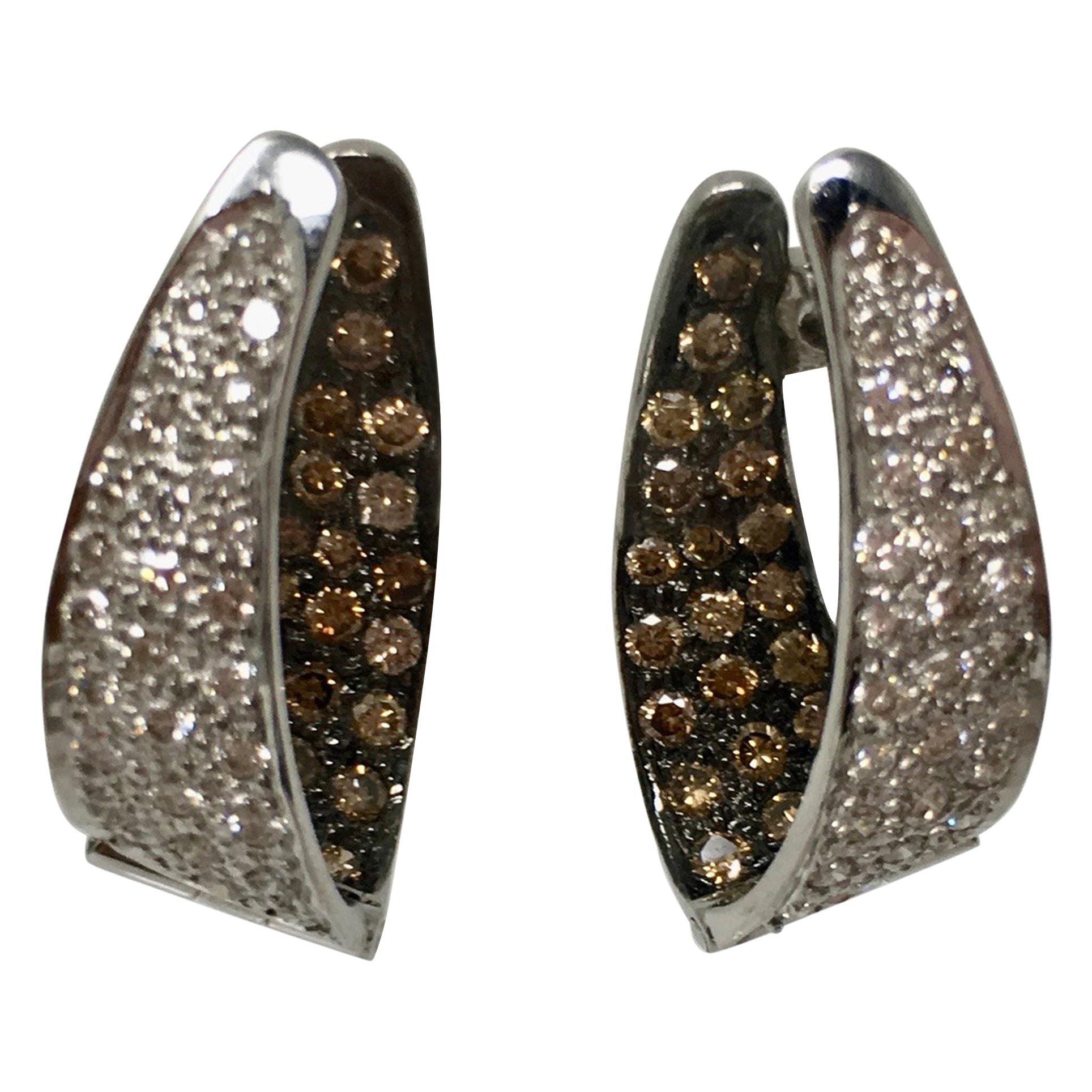 White and Brown Diamond Inside Out Hoop Earrings in 18 Karat White Gold