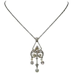 Edwardian Diamond Platinum Pearl Pendant Necklace Victorian, circa 1900