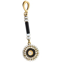 Victorian Diamond Seed Pearl Onyx 14 Karat Gold Pendant