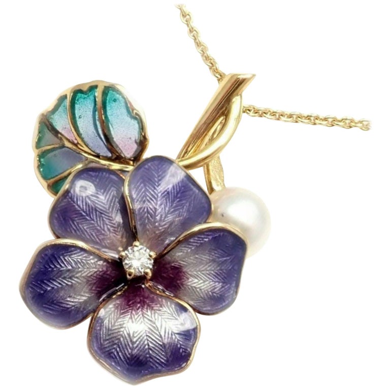 Mikimoto Diamond Pearl Enamel Cherry Blossom Flower Yellow Gold Pendant  Necklace at 1stDibs